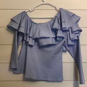 One shoulder striped ruffle detail top